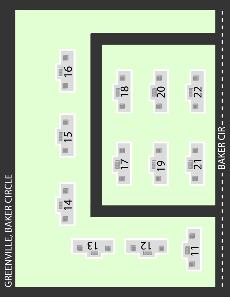 Site map of numbered buildings 11–22 along Greenville, Baker Circle, and Baker Cir.