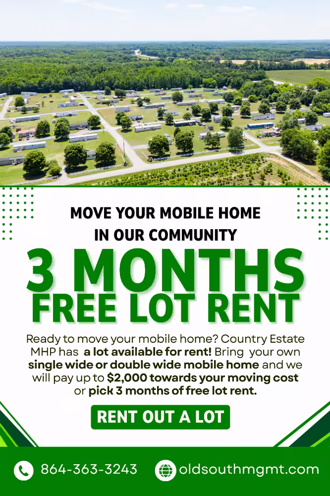 Aerial view of mobile home park; ad: "Move your mobile home, 3 months free lot rent"
