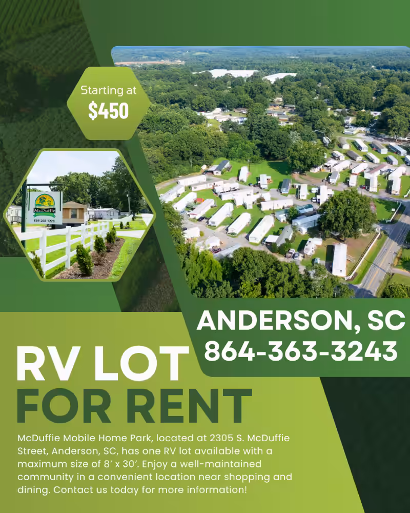 RV lot for rent in Anderson, SC, starting at $450; aerial view of mobile home park, 864-363-3243