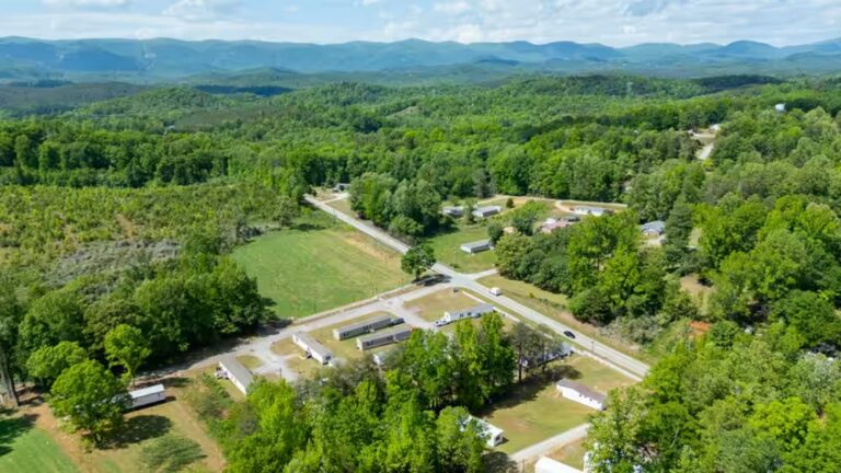 Aerial view of mobile homes scattered among lush green trees with rolling mountains in the distance.