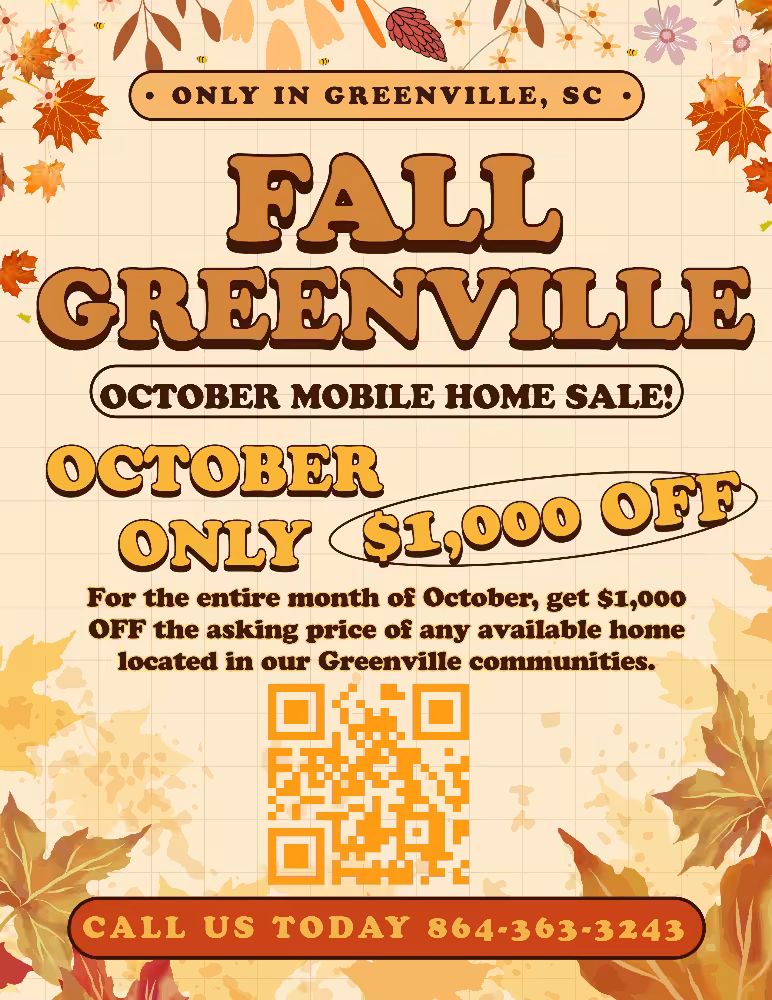 Fall Greenville October mobile home sale flyer: $1,000 off, QR code, call 864-363-3243
