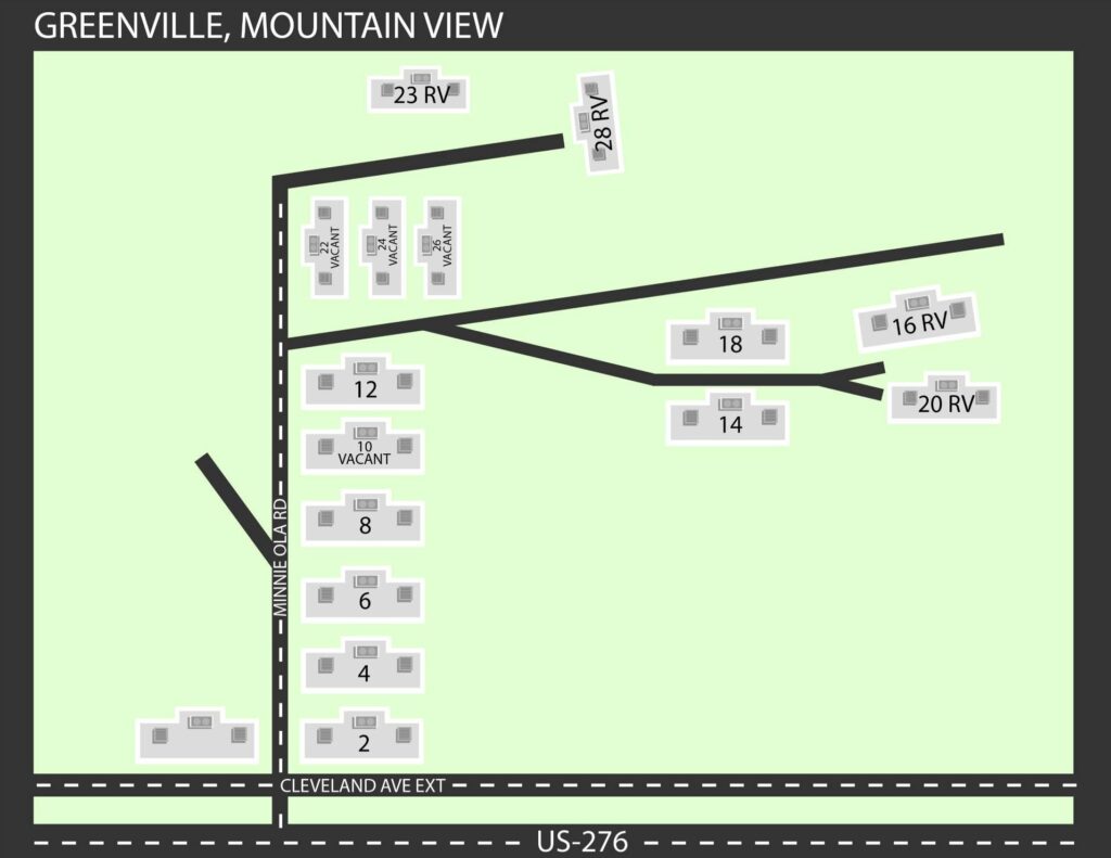 Site map of Greenville, Mountain View: numbered lots and RV sites along Minnie Ola Rd and US-276.