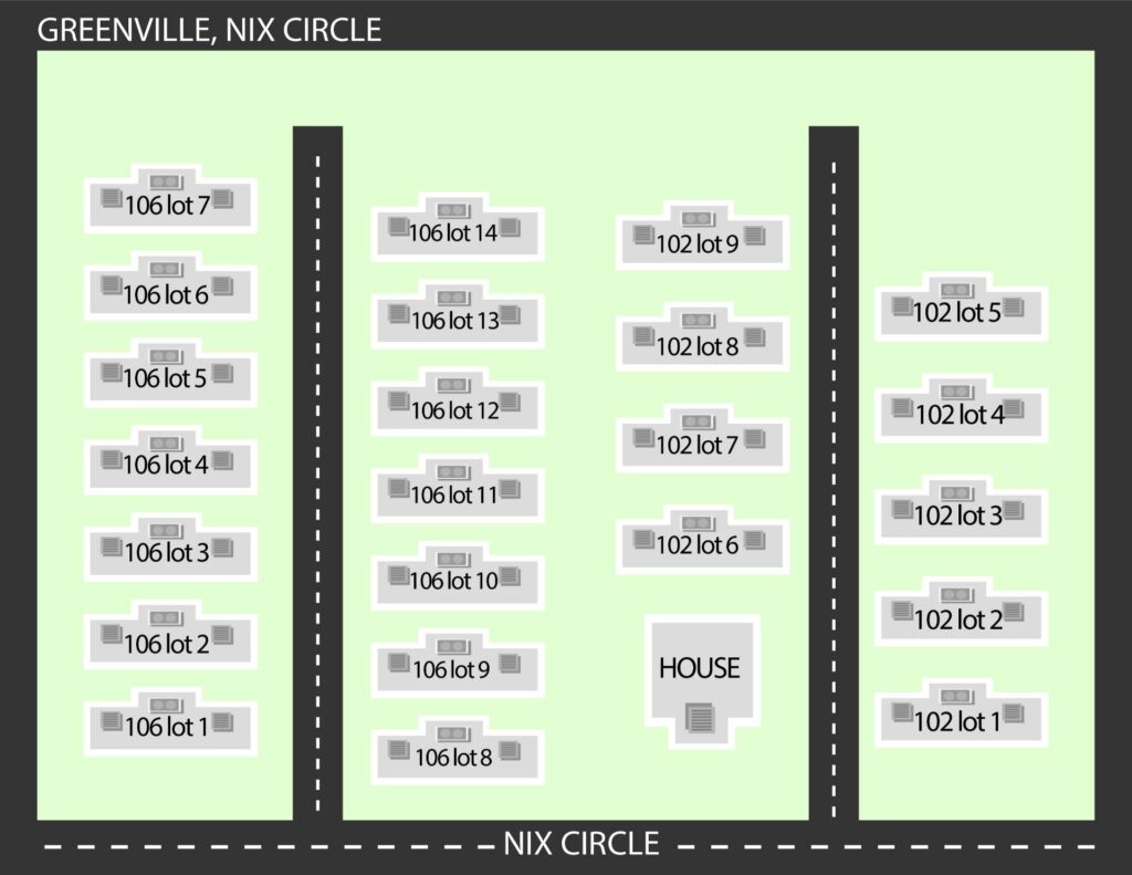 Site map of Greenville, Nix Circle: lots 106 (1–14), 102 (1–9), a house; street "Nix Circle."