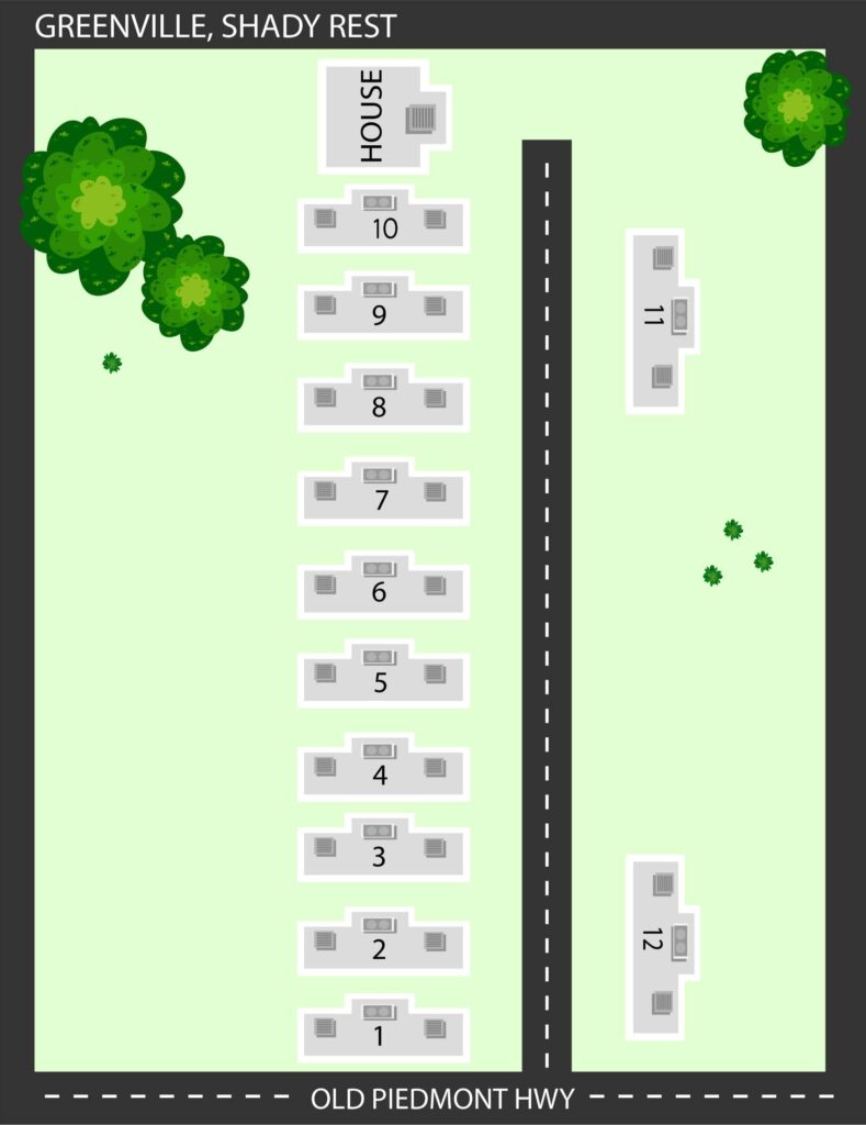 Map of Greenville, Shady Rest showing house and units 1–12 along Old Piedmont Hwy