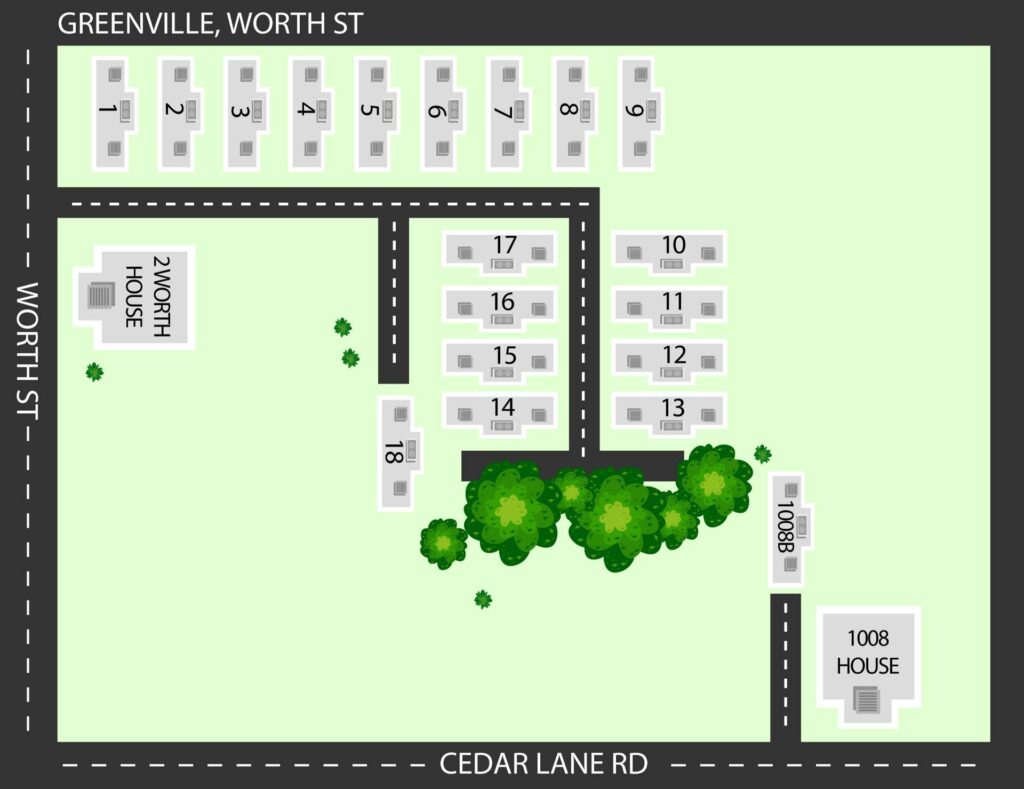 Map of Greenville Worth St complex: buildings 1–18, 2 Worth House, 1008 House, on Cedar Lane Rd