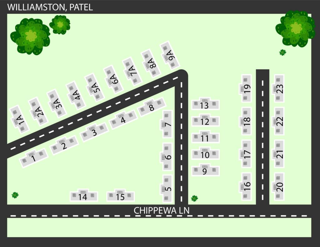 Map of Williamston Patel neighborhood with numbered buildings 1–23 arranged along Chippewa Lane.