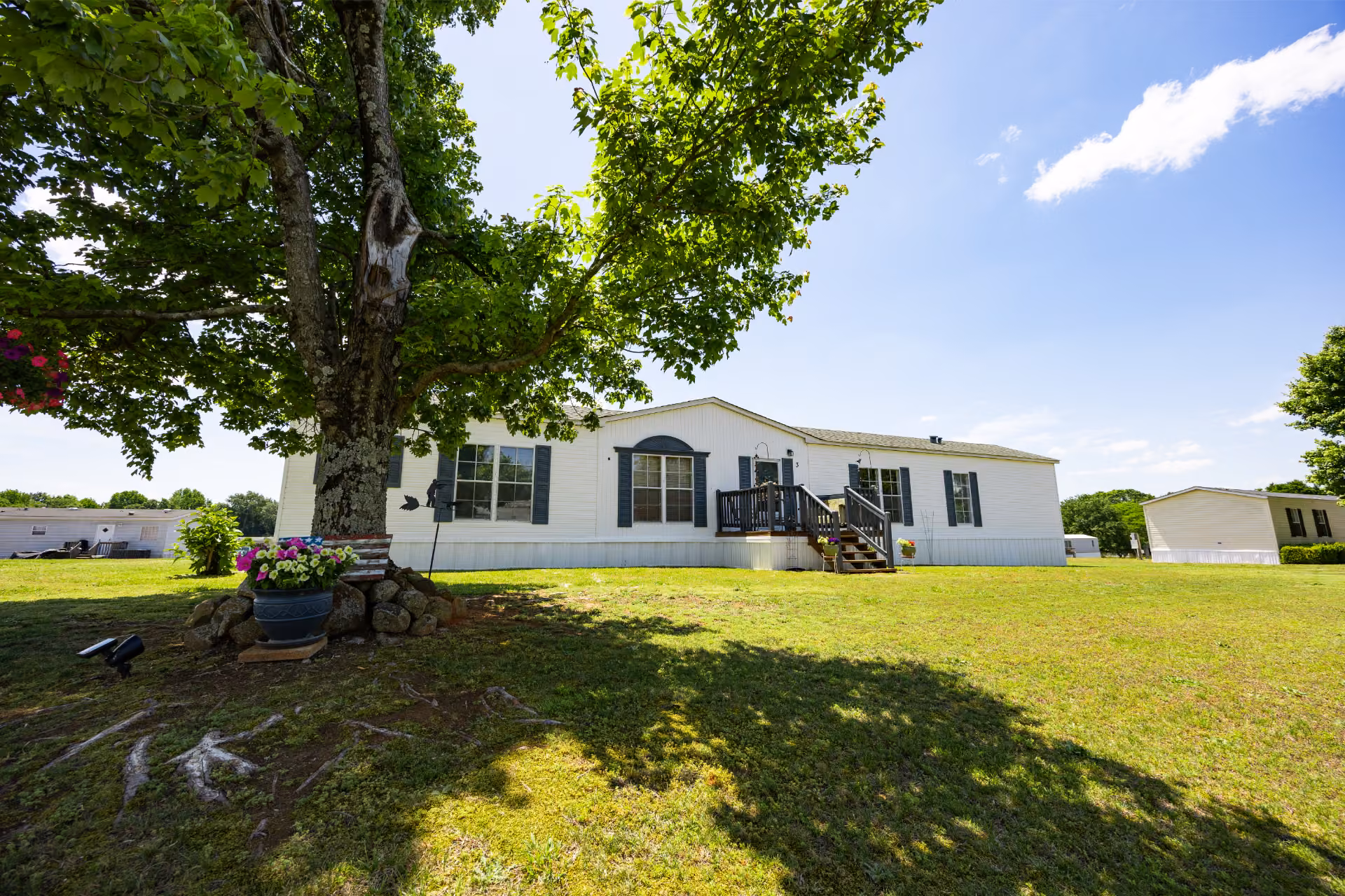 White single-story house with dark shutters and wooden deck beneath a large tree on a sunny day.
